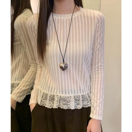 FA51430# 长袖t恤女秋冬设计感新款宽松打底衫内搭拼接蕾丝 服裝批發女裝批發服飾貨源