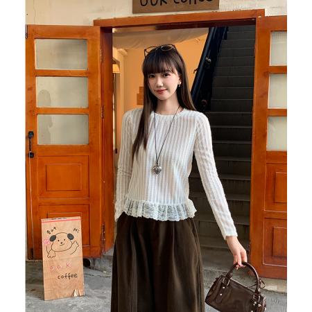 FA51430# 长袖t恤女秋冬设计感新款宽松打底衫内搭拼接蕾丝 服裝批發女裝批發服飾貨源