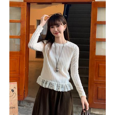 FA51430# 长袖t恤女秋冬设计感新款宽松打底衫内搭拼接蕾丝 服裝批發女裝批發服飾貨源