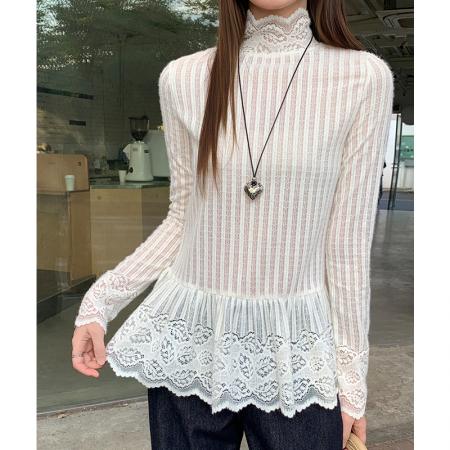 FA51431# 半高领蕾丝花边长袖t恤女秋冬新款设计感宽松内搭 服裝批發女裝批發服飾貨源