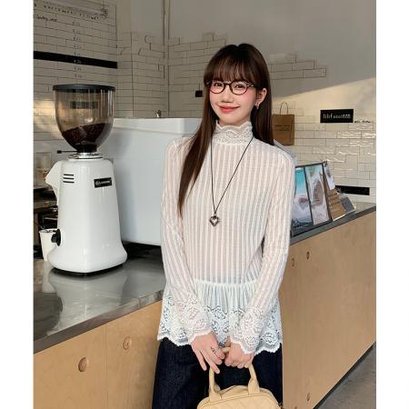 FA51431# 半高领蕾丝花边长袖t恤女秋冬新款设计感宽松内搭 服裝批發女裝批發服飾貨源