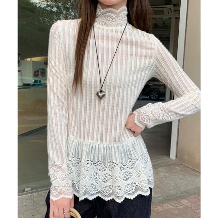 FA51431# 半高领蕾丝花边长袖t恤女秋冬新款设计感宽松内搭 服裝批發女裝批發服飾貨源