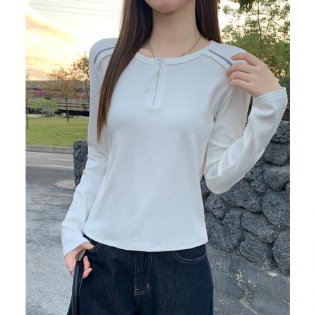 FA51432# 白色半拉链长袖t恤女秋冬季设计感气质打底衫内搭正肩半 服裝批發女裝批發服飾貨源
