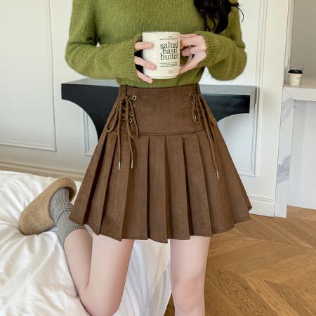 FA51433# 秋冬新款麂皮绒复古双边绑绳系带半身裙显瘦百褶裙小个子短裙 服裝批發女裝批發服飾貨源