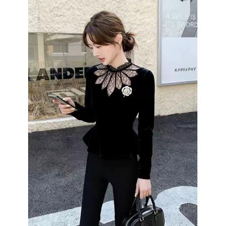 FA51434# 黑色网纱拼接丝绒衬衫女冬高端小众不撞款独特超好看法式小资上衣 服裝批發女裝批發服飾貨源