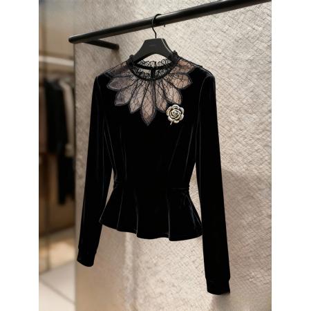 FA51434# 黑色网纱拼接丝绒衬衫女冬高端小众不撞款独特超好看法式小资上衣 服裝批發女裝批發服飾貨源