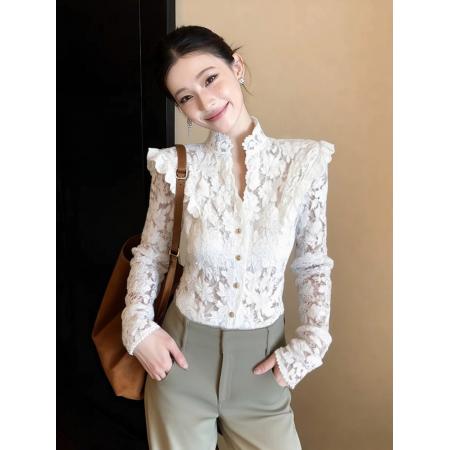 FA51435# 白色蕾丝衬衫女冬季内搭打底高端时髦洋气巨好看保暖立领法式上衣 服裝批發女裝批發服飾貨源