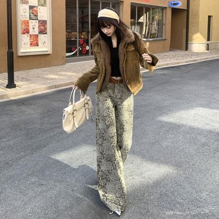 FA51436# 秋冬美式复古新款豹纹花纹牛仔长裤显瘦百搭拖地垂感舒适宽松直筒 服裝批發女裝批發服飾貨源