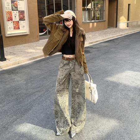 FA51436# 秋冬美式复古新款豹纹花纹牛仔长裤显瘦百搭拖地垂感舒适宽松直筒 服裝批發女裝批發服飾貨源