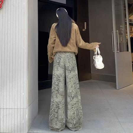 FA51436# 秋冬美式复古新款豹纹花纹牛仔长裤显瘦百搭拖地垂感舒适宽松直筒 服裝批發女裝批發服飾貨源