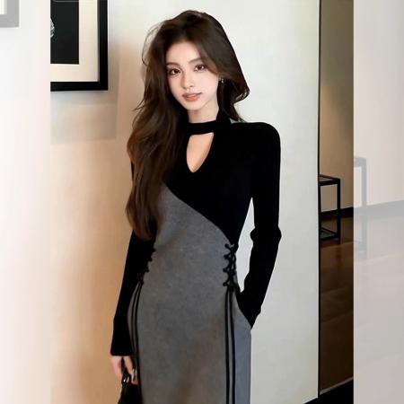 FA51438# 法式小香风特别漂亮掐腰灰色拼接连衣裙女秋季新款气质感长裙 服裝批發女裝批發服飾貨源