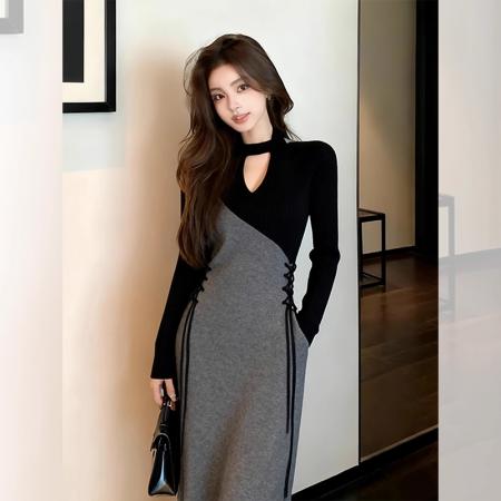 FA51438# 法式小香风特别漂亮掐腰灰色拼接连衣裙女秋季新款气质感长裙 服裝批發女裝批發服飾貨源