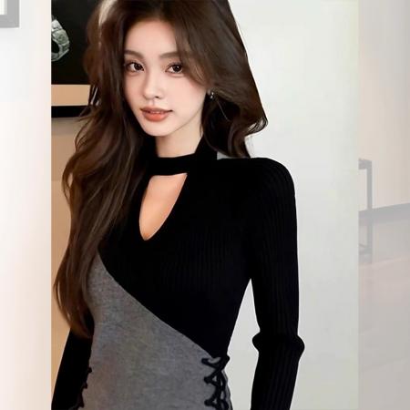 FA51438# 法式小香风特别漂亮掐腰灰色拼接连衣裙女秋季新款气质感长裙 服裝批發女裝批發服飾貨源