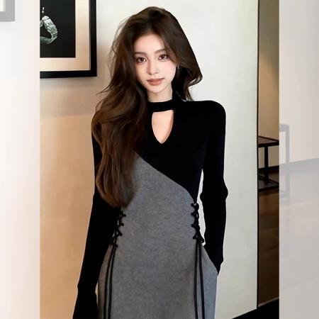 FA51438# 法式小香风特别漂亮掐腰灰色拼接连衣裙女秋季新款气质感长裙 服裝批發女裝批發服飾貨源