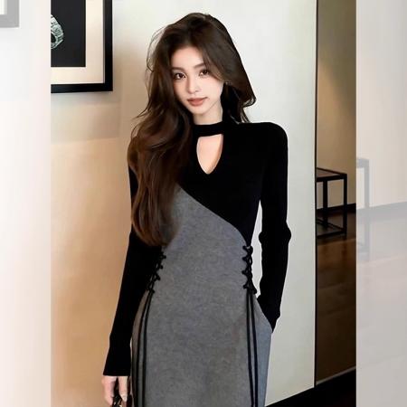 FA51438# 法式小香风特别漂亮掐腰灰色拼接连衣裙女秋季新款气质感长裙 服裝批發女裝批發服飾貨源