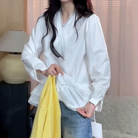 FA51439# 法式复古白色蕾丝花边长袖衬衫女早秋季设计感小众别致绝美上衣 服裝批發女裝批發服飾貨源