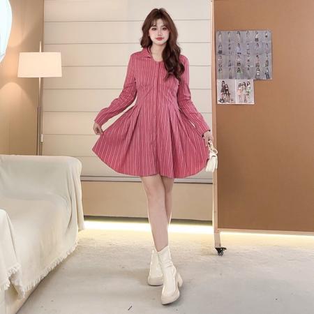 FA51440# 微胖mm今年流行时尚条纹连衣裙春法式小香风衬衫大码女装裙子 服裝批發女裝批發服飾貨源