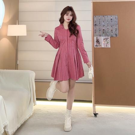 FA51440# 微胖mm今年流行时尚条纹连衣裙春法式小香风衬衫大码女装裙子 服裝批發女裝批發服飾貨源