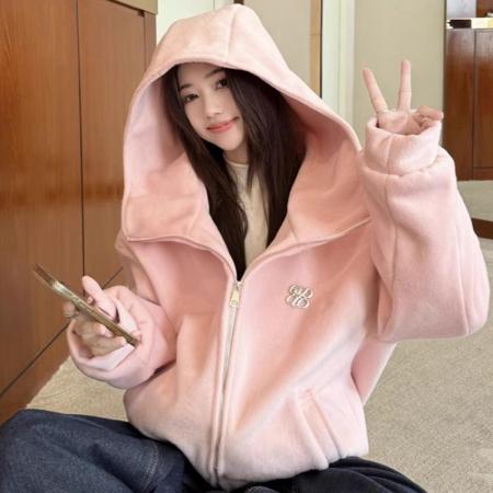 FA51441# 原版做法韩系甜美粉色大翻领连帽外套新款设计感休闲风百搭上衣潮 服裝批發女裝批發服飾貨源