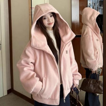 FA51441# 原版做法韩系甜美粉色大翻领连帽外套新款设计感休闲风百搭上衣潮 服裝批發女裝批發服飾貨源