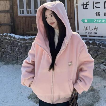 FA51441# 原版做法韩系甜美粉色大翻领连帽外套新款设计感休闲风百搭上衣潮 服裝批發女裝批發服飾貨源