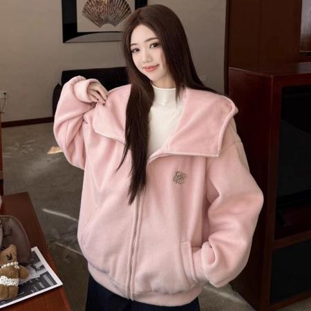 FA51441# 原版做法韩系甜美粉色大翻领连帽外套新款设计感休闲风百搭上衣潮 服裝批發女裝批發服飾貨源