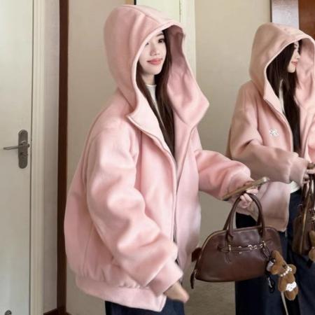 FA51441# 原版做法韩系甜美粉色大翻领连帽外套新款设计感休闲风百搭上衣潮 服裝批發女裝批發服飾貨源