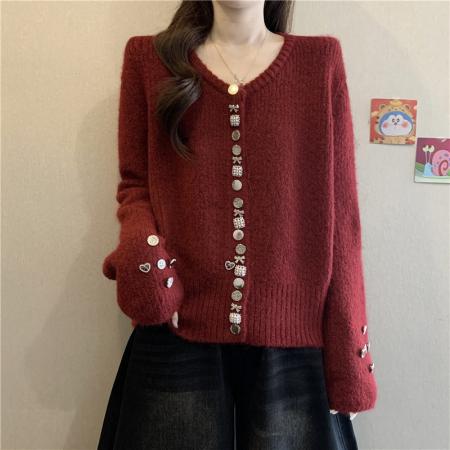 FA51444# 新年红色小香风针织开衫女秋冬大码胖mm独特漂亮别致毛衣外套 服裝批發女裝批發服飾貨源