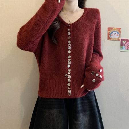 FA51444# 新年红色小香风针织开衫女秋冬大码胖mm独特漂亮别致毛衣外套 服裝批發女裝批發服飾貨源