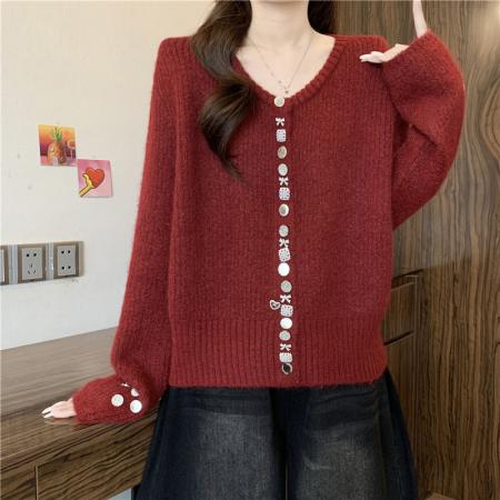 FA51444# 新年红色小香风针织开衫女秋冬大码胖mm独特漂亮别致毛衣外套 服裝批發女裝批發服飾貨源