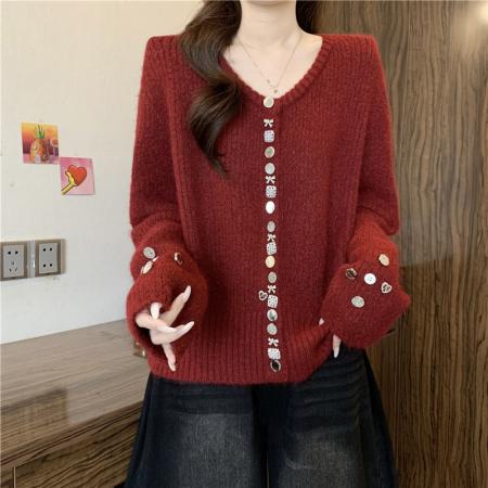 FA51444# 新年红色小香风针织开衫女秋冬大码胖mm独特漂亮别致毛衣外套 服裝批發女裝批發服飾貨源