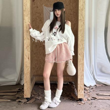 FA51446# 甜美撞色条纹蕾丝拼接仿羊羔毛休闲短裤女秋季高腰抽绳系带阔腿裤 服裝批發女裝批發服飾貨源