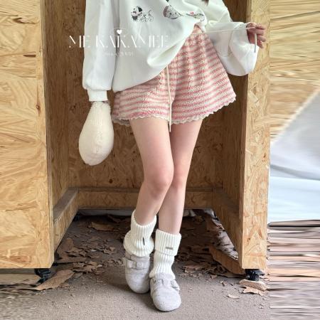 FA51446# 甜美撞色条纹蕾丝拼接仿羊羔毛休闲短裤女秋季高腰抽绳系带阔腿裤 服裝批發女裝批發服飾貨源