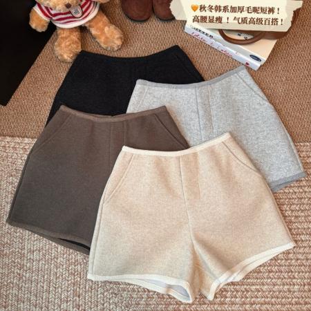 FA51447# 毛呢面料加厚毛呢短裤女秋休闲直筒裤子高腰阔腿裤a字靴裤 服裝批發女裝批發服飾貨源