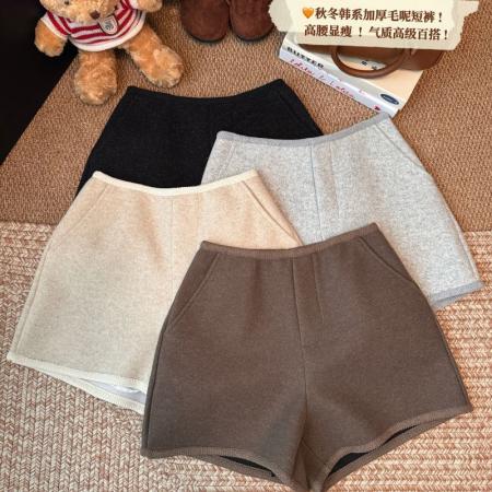 FA51447# 毛呢面料加厚毛呢短裤女秋休闲直筒裤子高腰阔腿裤a字靴裤 服裝批發女裝批發服飾貨源