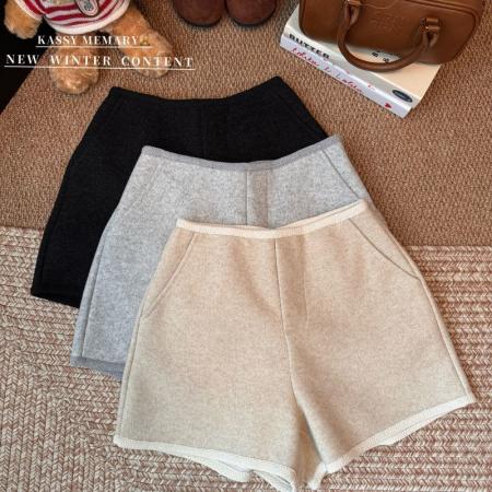 FA51447# 毛呢面料加厚毛呢短裤女秋休闲直筒裤子高腰阔腿裤a字靴裤 服裝批發女裝批發服飾貨源