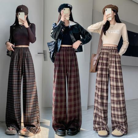 FA51448# 秋季新款高个子格子阔腿裤高腰宽松直筒休闲格纹拖地长裤 服裝批發女裝批發服飾貨源