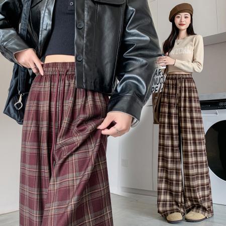 FA51448# 秋季新款高个子格子阔腿裤高腰宽松直筒休闲格纹拖地长裤 服裝批發女裝批發服飾貨源