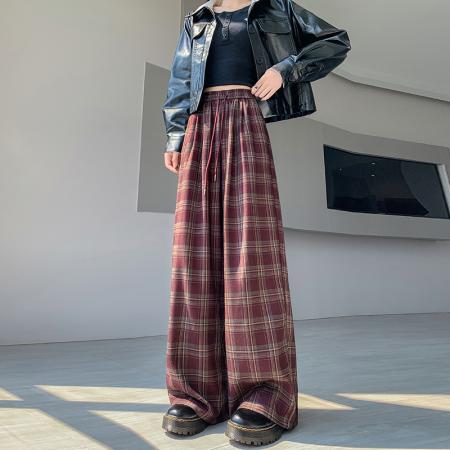 FA51448# 秋季新款高个子格子阔腿裤高腰宽松直筒休闲格纹拖地长裤 服裝批發女裝批發服飾貨源