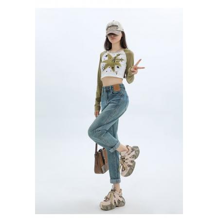 FA51449# 阔腿裤宽松牛仔裤新款女高腰小个子老爹裤大码女胖mm显瘦 服裝批發女裝批發服飾貨源