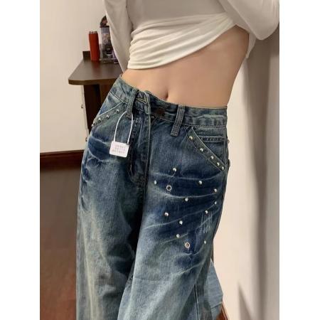 FA51450# 复古蓝休闲裤女好质感水洗蓝高腰显瘦窄版直筒阔腿牛仔裤 服裝批發女裝批發服飾貨源