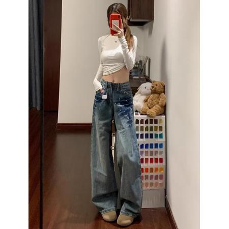 FA51450# 复古蓝休闲裤女好质感水洗蓝高腰显瘦窄版直筒阔腿牛仔裤 服裝批發女裝批發服飾貨源