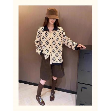 FA51453# 春秋新款小香风宽松棉线钩花菱格镂空毛衣开衫女士针织衫外套 服裝批發女裝批發服飾貨源