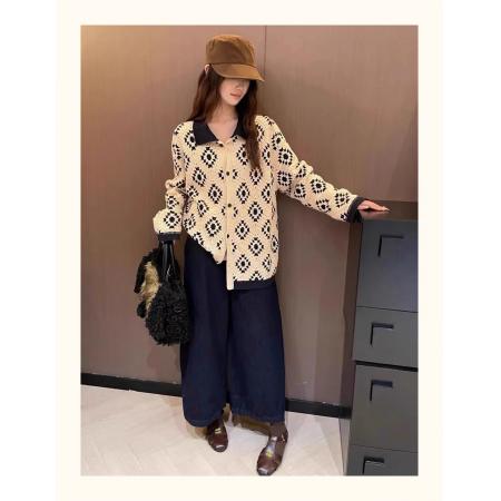 FA51453# 春秋新款小香风宽松棉线钩花菱格镂空毛衣开衫女士针织衫外套 服裝批發女裝批發服飾貨源