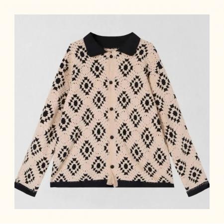 FA51453# 春秋新款小香风宽松棉线钩花菱格镂空毛衣开衫女士针织衫外套 服裝批發女裝批發服飾貨源