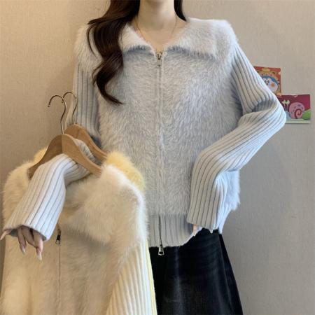 FA51454# 新款奶呼呼仿水貂绒翻领双拉链针织毛毛外套女宽松毛衣 服裝批發女裝批發服飾貨源