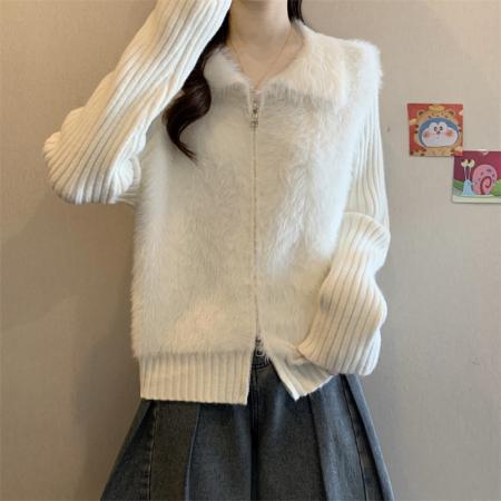 FA51454# 新款奶呼呼仿水貂绒翻领双拉链针织毛毛外套女宽松毛衣 服裝批發女裝批發服飾貨源