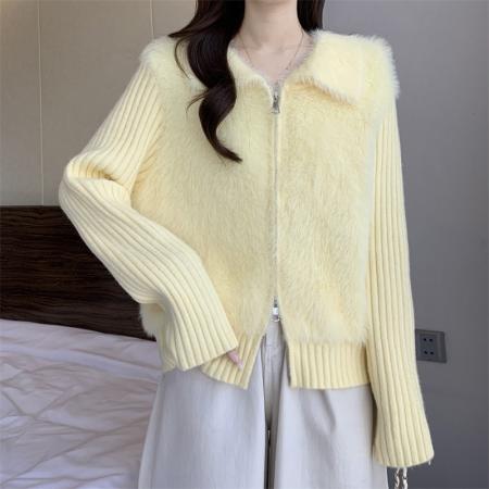 FA51454# 新款奶呼呼仿水貂绒翻领双拉链针织毛毛外套女宽松毛衣 服裝批發女裝批發服飾貨源