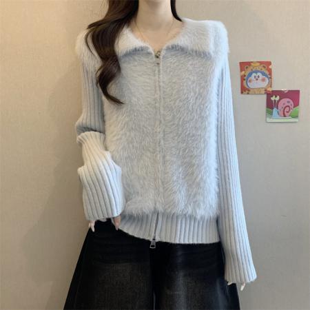 FA51454# 新款奶呼呼仿水貂绒翻领双拉链针织毛毛外套女宽松毛衣 服裝批發女裝批發服飾貨源