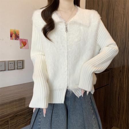 FA51454# 新款奶呼呼仿水貂绒翻领双拉链针织毛毛外套女宽松毛衣 服裝批發女裝批發服飾貨源